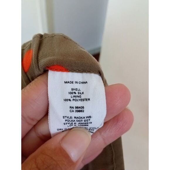 Theory Women Olive Green w/Orange Polka Dots 100% Silk Pant size Small - Picture 12 of 12